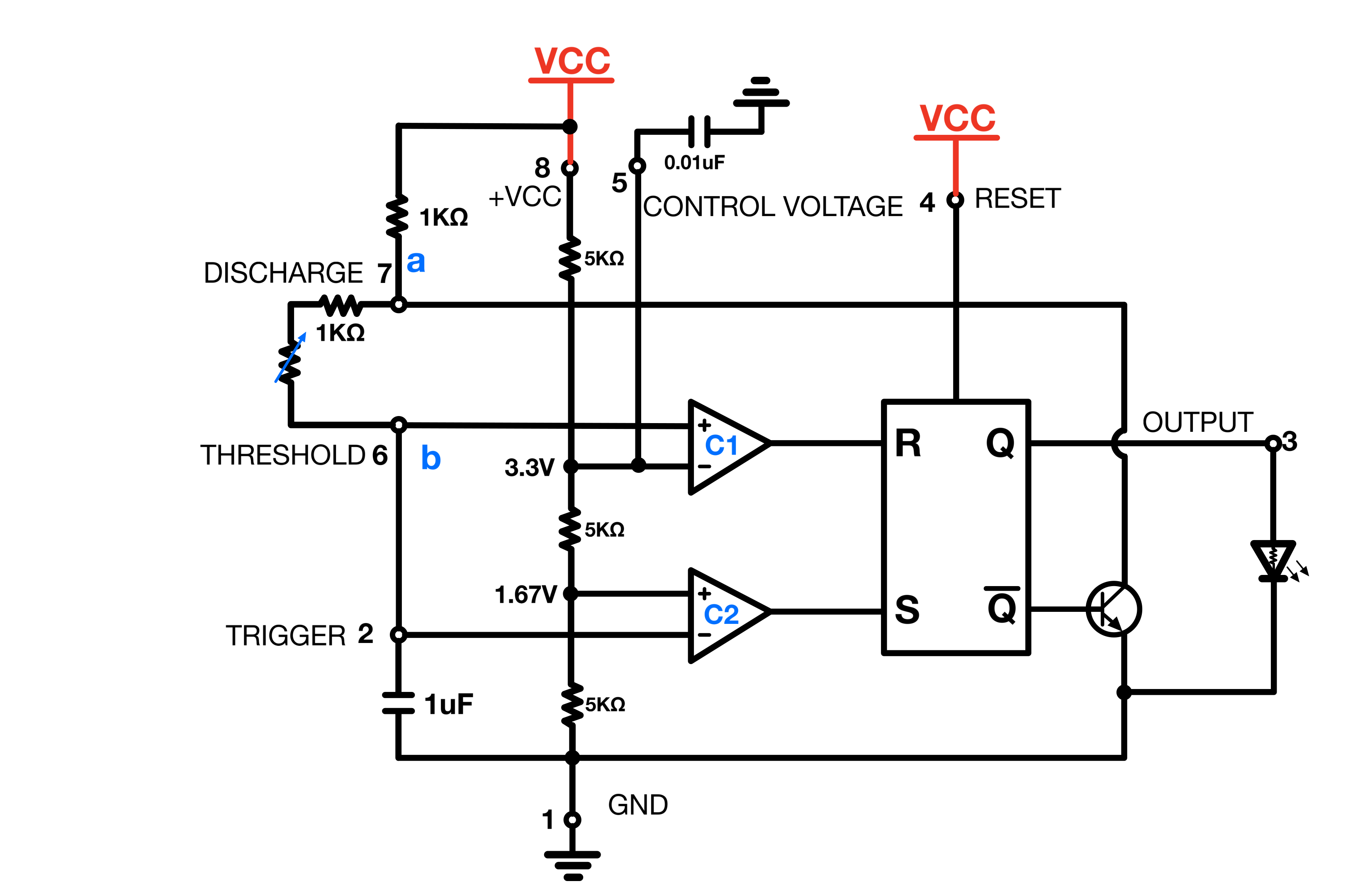 Figure 5: Astable configuration of 555 timer(Variable resistor) 