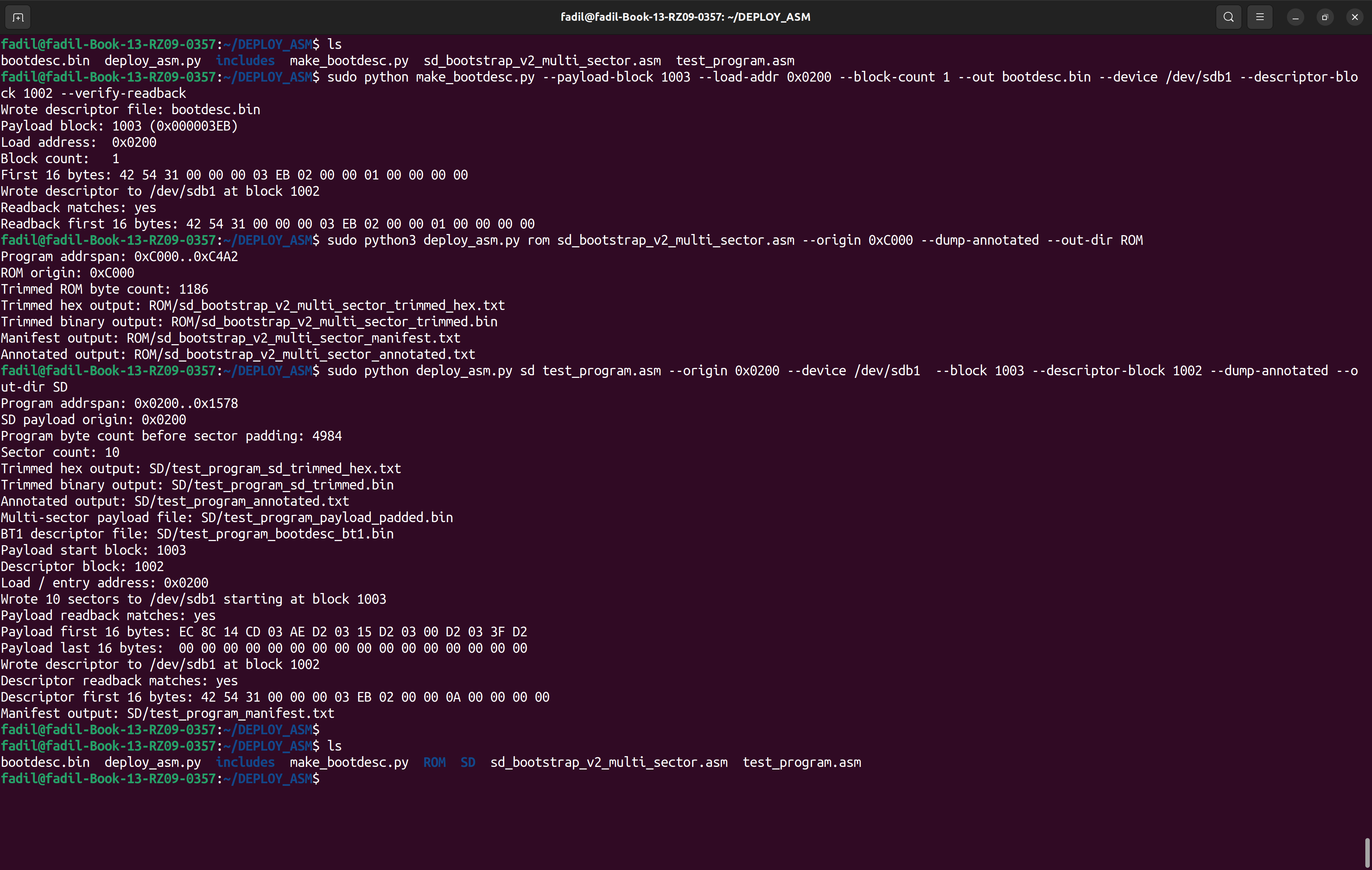 Linux terminal output from the SD bootstrap descriptor and deploy_asm workflow