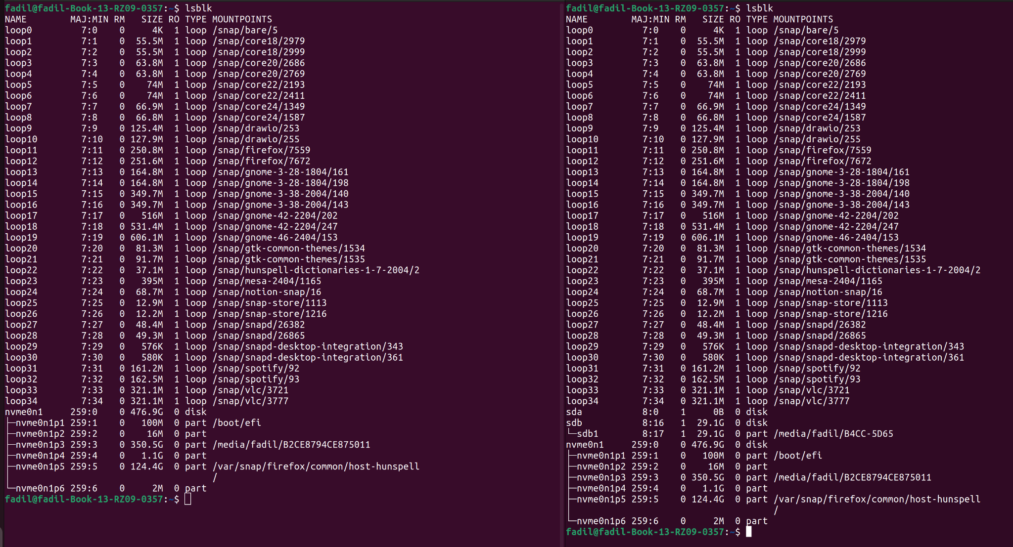 Linux lsblk output before and after the SD card appears