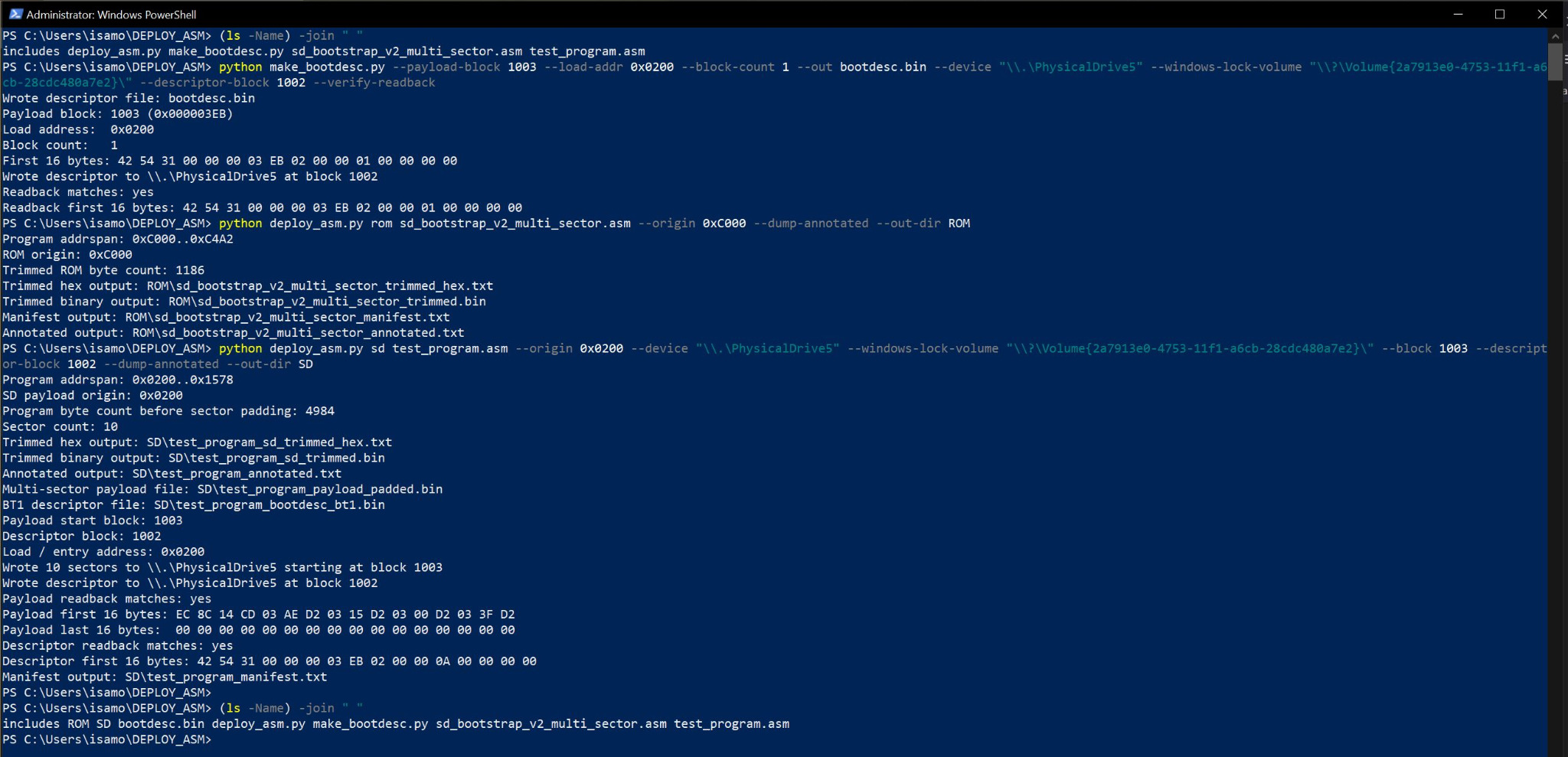 Windows PowerShell output from the SD bootstrap descriptor and deploy_asm workflow