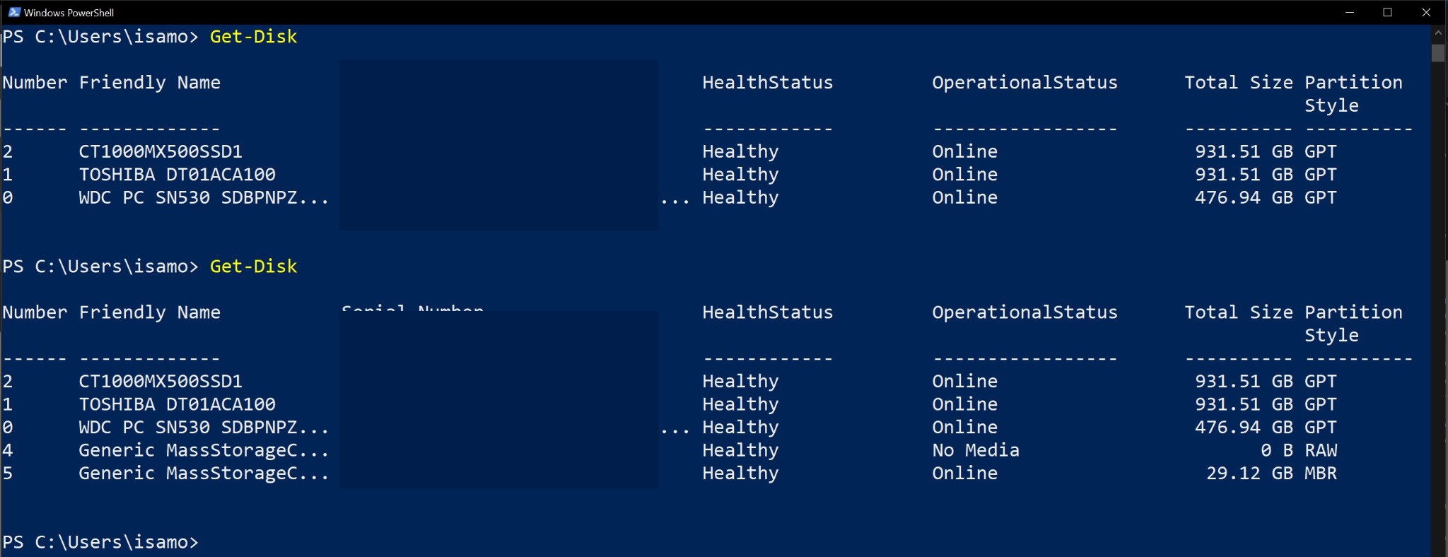 Windows Get-Disk output before and after the SD card appears